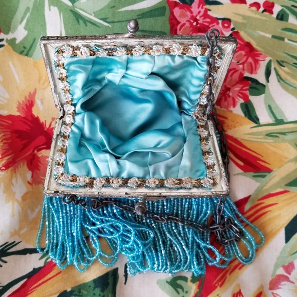 RARE Antique Vintage Victorian Purse Beaded Purse Micro Beads Aquamarine - Picture 4 of 5